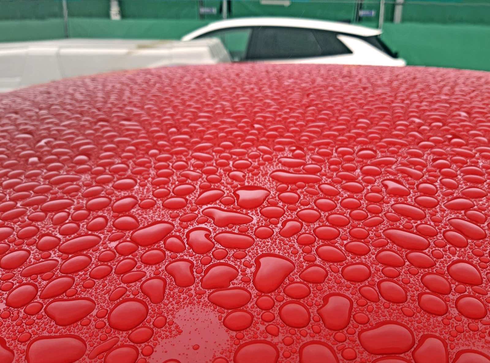 Tight round water beads standing up on the polished red roof of a coated car
