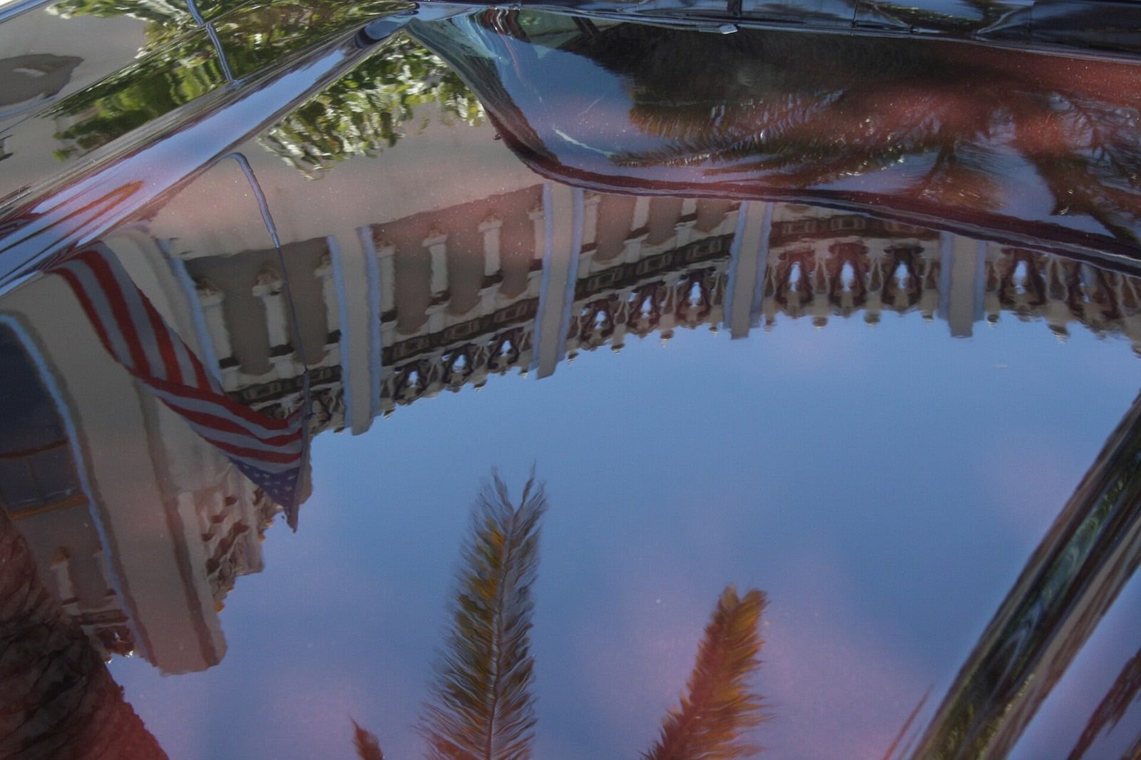 A polished car hood acting like a mirror, reflecting a white building and palm trees against a clear sky